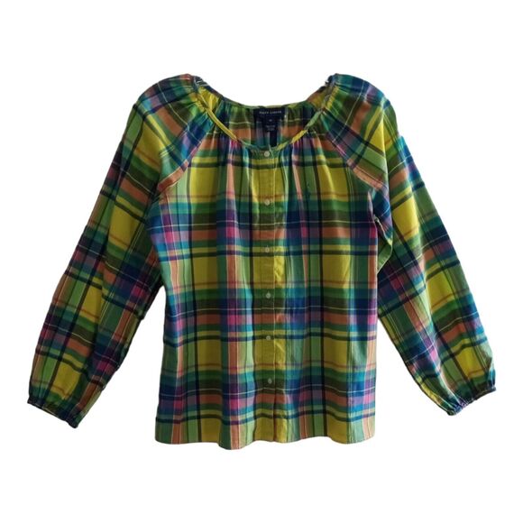 Ralph Lauren Top Girl 14 Multicolor Plaid Button Up Peasant Long Sleeves - Picture 1 of 10